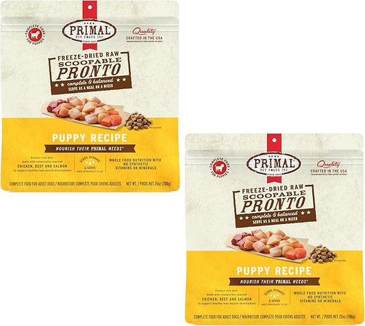 Primal Freeze Dried Puppy Dog Food, Pronto Mini Nuggets; Scoop & Serve, Complete & Balanced Meal; Also Use As Topper or Treat; Premium, Healthy, Grain Free, High Protein Raw Dog Food (25 oz,Pack of 2)