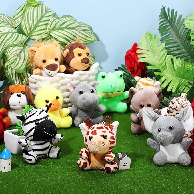 Skylety 12 Pieces Mini Stuffed Animals 4.8 Inch Cute Safari Plush Toys Elephant Lion Giraffe Tiger Puppy Zebra Duck for Jungle Animal Themed Parties Teacher Student Award Prizes