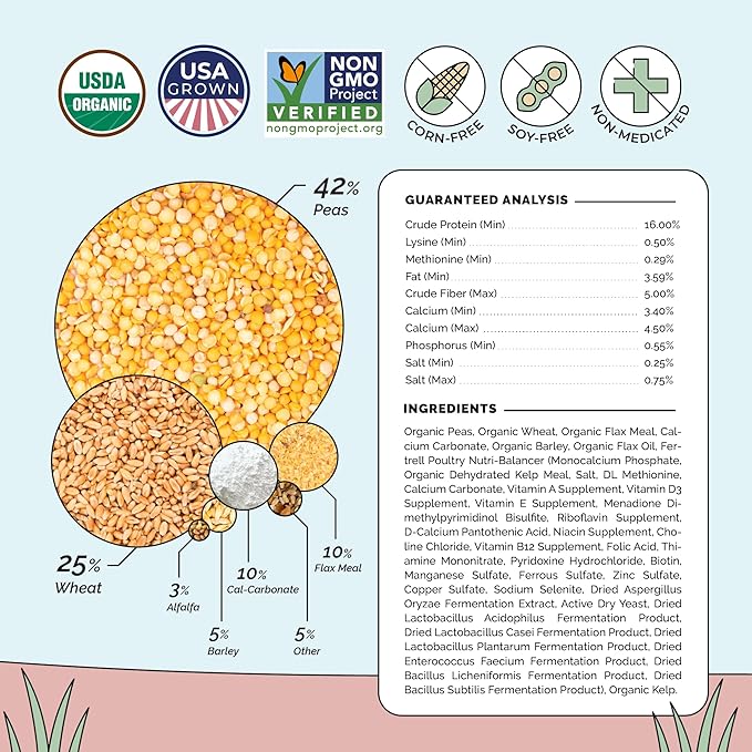 Organic Chicken Feed – Layer Whole Grain, Non-GMO, USA Grown, 16% Protein, Corn-Free, Soy-Free, Non-Medicated Feed for Chickens, 23 lbs