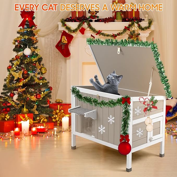 Insulated Cat House Outdoor Weatherproof Feral Cat Shelter for Winter, All-Round Foam Insulation Wooden Pet House for Outdoor Cat with Raised Base, Openable Roof (30.7"L x 21.7"W x 25.6"H)