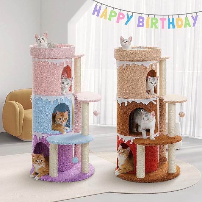 PETEPELA 43'' Cat Tree for Indoor Large Cats, Cat Bed House with 3 Large Cat Condos and Sisal Covered Scratching Posts for Kittens,Browm