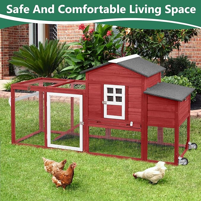 158" L Large Chicken Coop with Run, Chicken House with Nesting Boxes, Wheels, Outdoor Mobile Hen Chicken Coop Poultry Cage with Removable Tray, Ramp (Red)