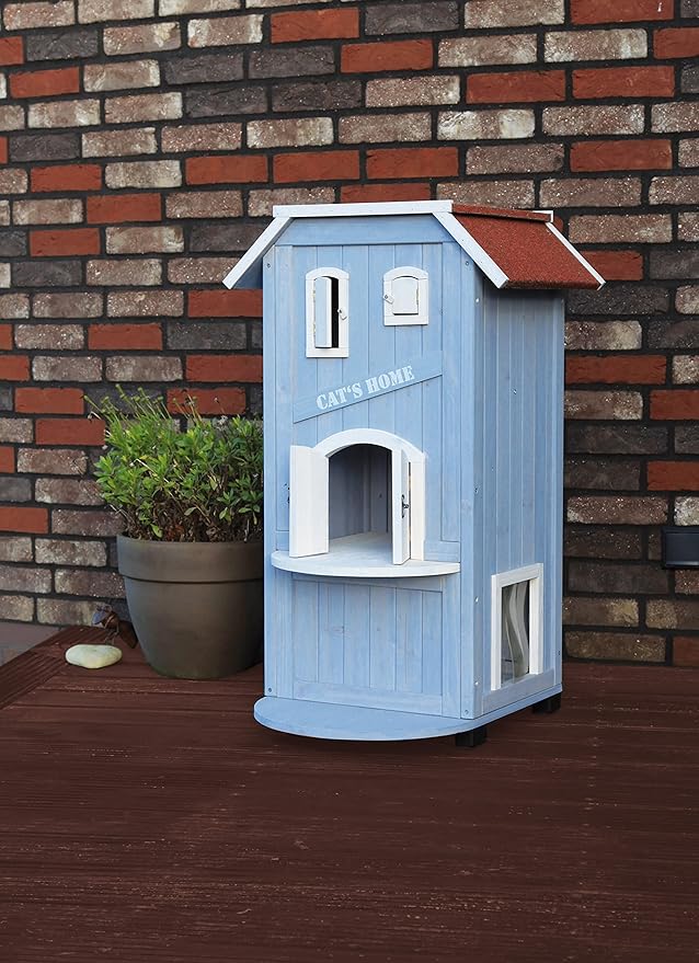 TRIXIE 'Cat's Home' Outdoor Cat House, Weatherproof 3-Story Cat House, Hinged Shutters with Latch & Perch, 2 Doors, Outdoor Shelter for Cats and Small Animals, Blue / White Pine Wood