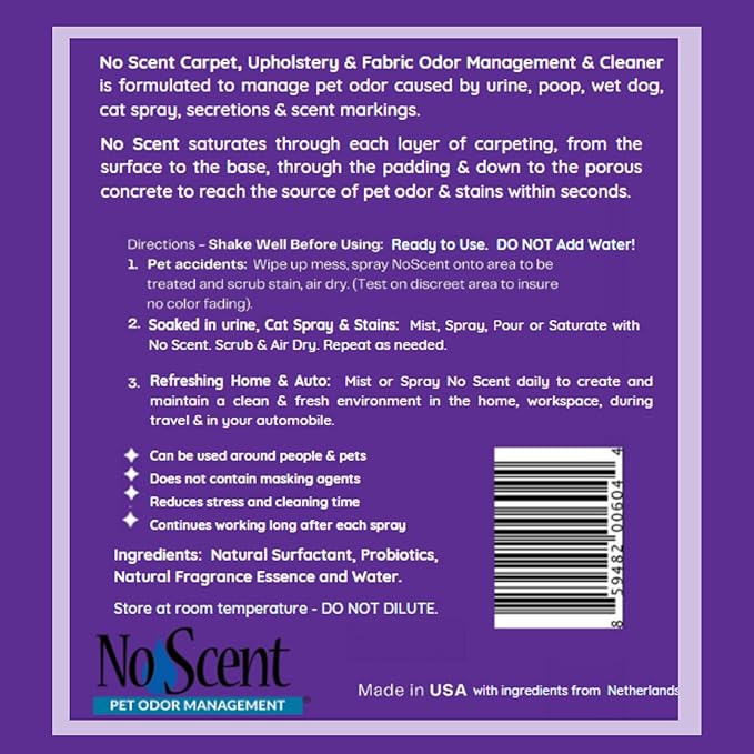 No Scent Carpet Upholstery & Fabric Furniture Spray Spot Cleaner for Wet Dog Smell, Cat Spray, Pet Odor, Urine, Poop & Secretions (32 Fl Oz / 946 mL)