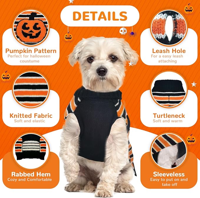 BAEJMJK Cute Halloween Dog Sweater Soft Striped Pumpkin Puppy Sweaters with Leash Hole Warm Turtleneck Pet Dog Clothes Costume for Small Medium Large Dogs Cats(X-Small)