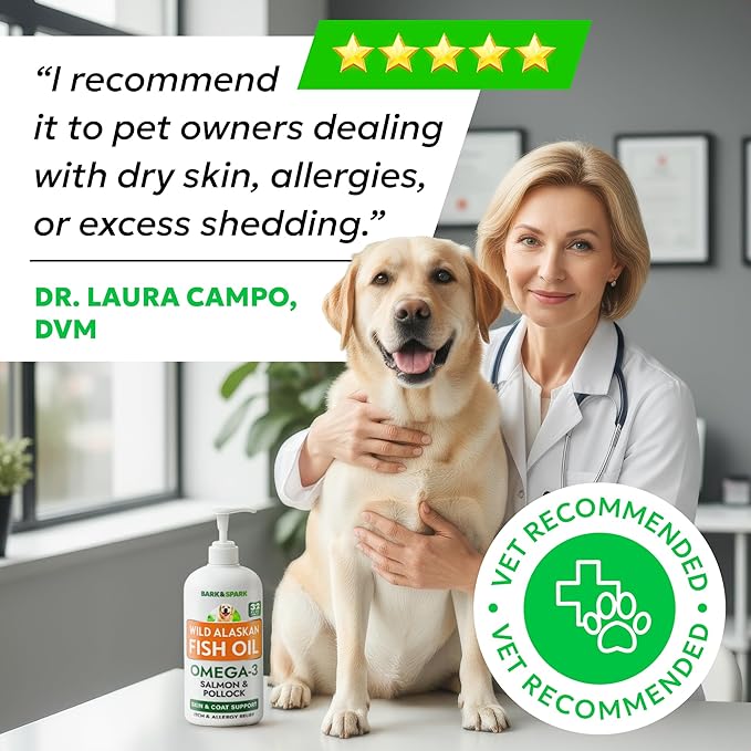 Bark&Spark Fish Oil for Dogs - Natural Omega-3 - Skin & Coat Support - Liquid Food Supplement for Pets - Natural EPA + DHA Fatty Acids for Joint Function, Immune & Heart Health 32oz - Salmon