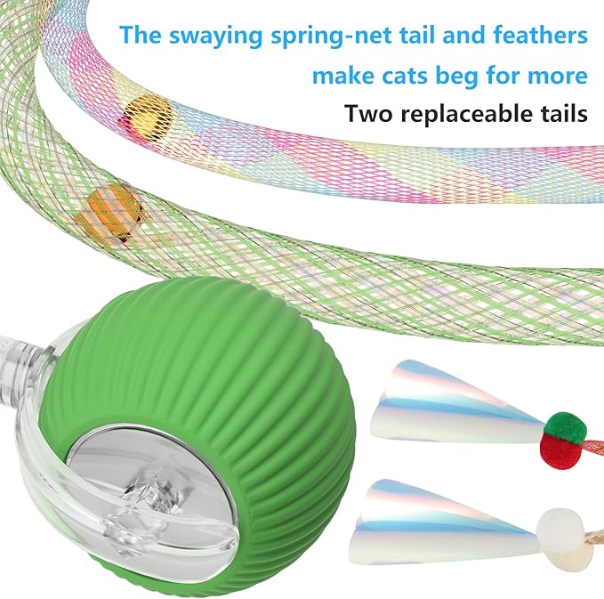 Interactive Cat Toys for Indoor Cats, Interactive Cat Ball Toy with Elastic Mesh Tail, Automatic Cat/Kitten Toys with Chirping & Motion Activate, Cat Toys for Bored Indoor (Green)