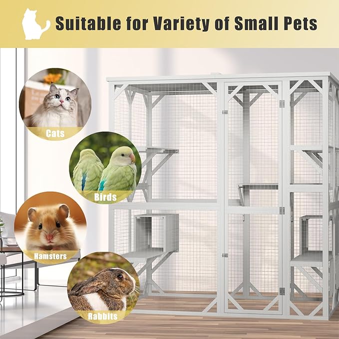 ROOMTEC Outdoor Catio with Roof 71.3" Height Large Wooden Cat Enclosure with 3 Jumping Platforms and 2 Napping Houses Cat Cage for Cat Activity (White)