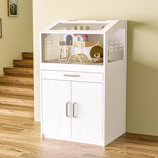 Hamster Cage with Storage Cabinet,Hamster Cag for Small Animals, Large Hamster Cage and Habitat with Easy View Acrylic Panels for Hamster, Rabbit, Hedgehog (24"x19"x40")