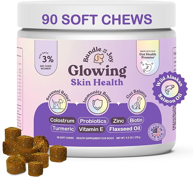 Glowing Skin and Coat Supplement for Dogs, 90 Soft Chews, Probiotics for Dogs with Colostrum, Omega 3 Fatty Acids, Salmon Oil, and Turmeric, Supports Seasonal Allergies & Itchiness