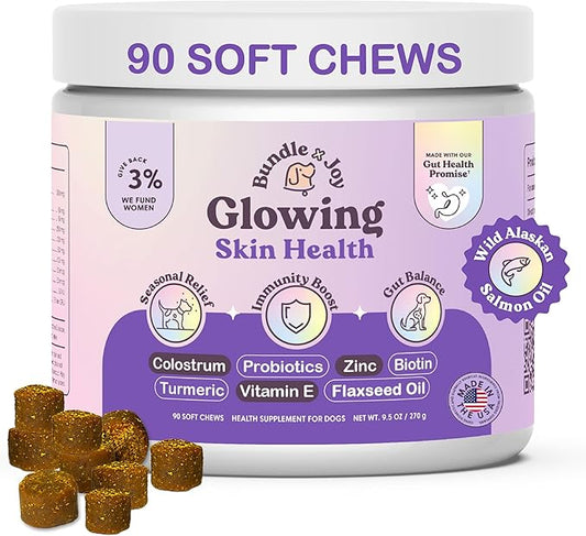 Glowing Skin and Coat Supplement for Dogs, 90 Soft Chews, Probiotics for Dogs with Colostrum, Omega 3 Fatty Acids, Salmon Oil, and Turmeric, Supports Seasonal Allergies & Itchiness