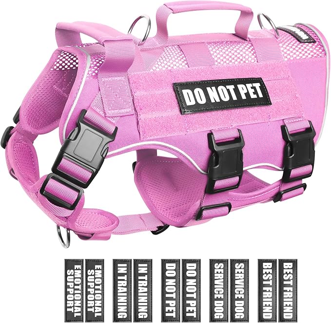 WINSEE Mesh Dog Harness with 10 Pet Patches for Large Service Dog in Training, Breathable Tactical Molle Vest with Double Handles, Reflective Military Pet Vest for Walking Hiking