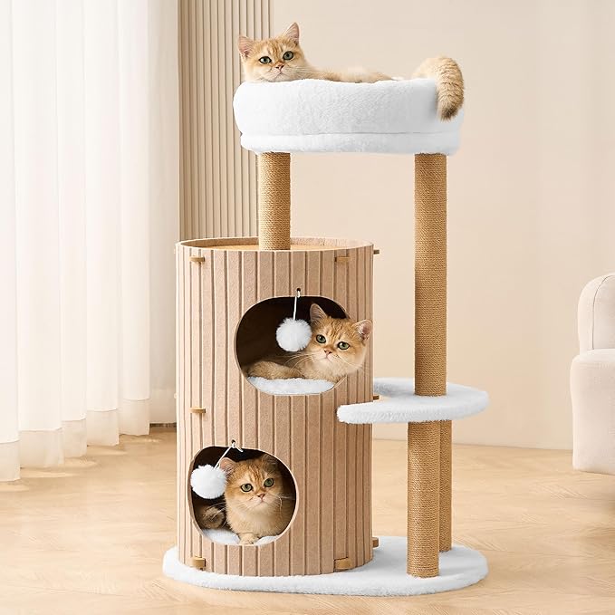 Modern Cat Tree for Indoor Cats Large Adult, 36in H Cat Condo Tower with Scratching Posts, Cozy Cat Bed Cave, Washable Cushions, Dangling Balls, Play&Nap Cat House for All Breeds of Cats, Brown