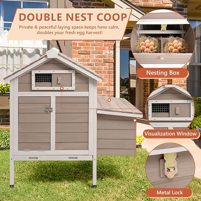 Large Chicken House with Nesting Box, Small Chicken Coop Hen Pet House with Removable Trays, Outdoor Indoor Rabbit Hutch Poultry Cage with Ramp (36.2" L x 26" W x 38.3" H)