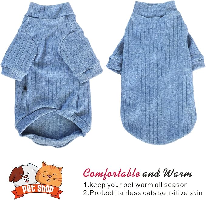 Idepet Sphynx Hairless Cats Sweater Shirt Kitten Soft Puppy Clothes Pullover Cute Cat Pajamas Jumpsuit Cotton Apparel Pet Winter Turtleneck for Cats and Teacup Chihuahua(2 Pack-Blue&Pink,M)