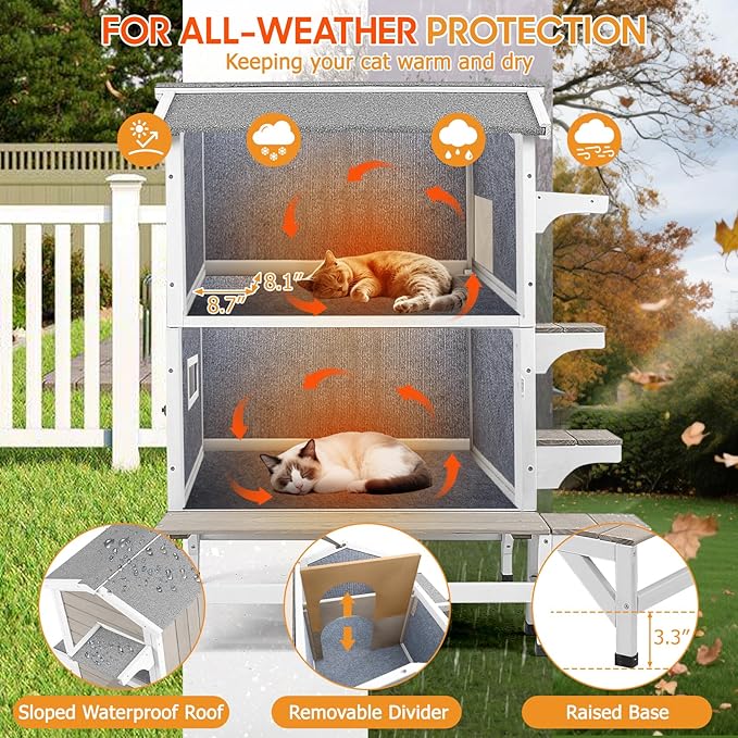 Insulated Cat House Outdoor Weatherproof with Balcony All-Round Insulation Outside Wooden Feral Cat Shelter for Winter with 3 Jumping Platforms and Openable Roof for Cats and Small Animals