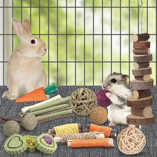 Rabbit Toys Bunny Toys 26Pcs Natural Timothy Hay Sticks Apple Wood Sticks Handmade for Guinea Pig Hamster Rat Chinchilla