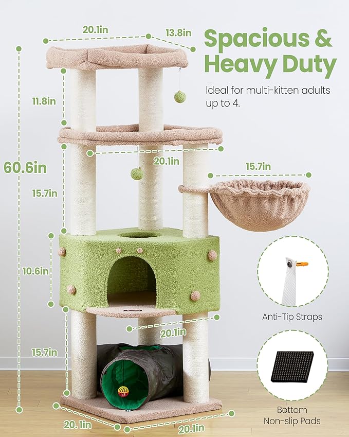 Cat Tree Tower for Indoor Cats Large Adult - Tall Kitty Condo House with Hammock Scratching Post Tunnel - 60 Inch Big Kitten Bed Condos Trees - Heavy Duty Kittens Houses Stand for Multiple Maine Coon