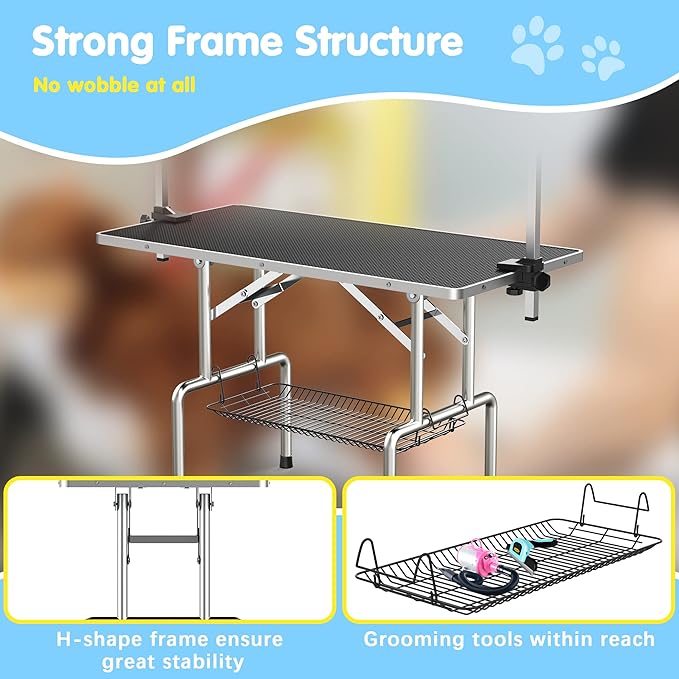 36''Large Dog Grooming Table, Adjustable Cat Drying Desktop with Arms, Nooses, Mesh Tray, Foldable Pet Station at Home, Maximum Capacity Up to 330Lb, 36inch, Black