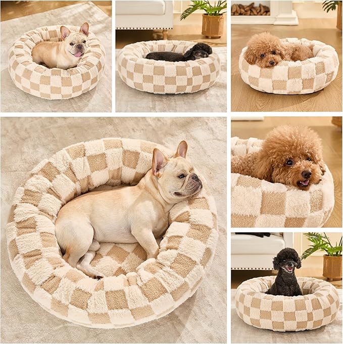 Dog Calming Beds for Small Medium Large Dogs - Round Donut Washable Puppy Dog Bed, Anti-Slip Faux Fur Fluffy Donut Cuddle Anxiety Cat Pet Bed (24" Grid)