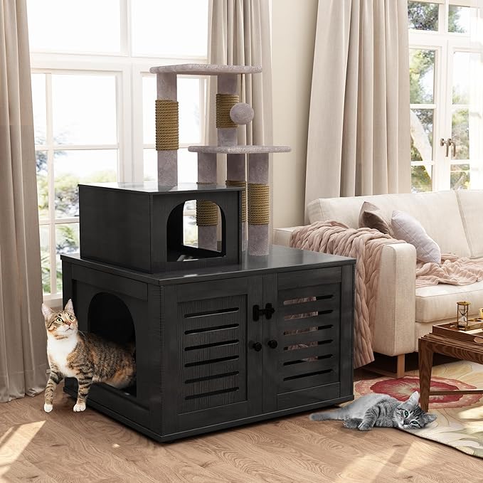 DKLGG Large Wooden Cat Tree House with Hidden Litter Box Enclosure | Multi-Functional Cat Furniture Featuring Sisal Scratching Post, Plush Perch Platform & Divided Condo for Indoor Cats (Black)