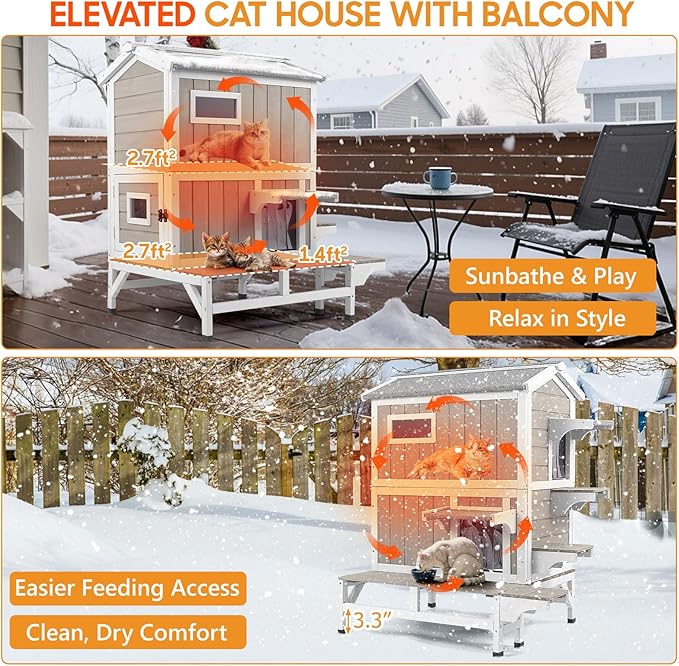 Insulated Cat House Outdoor Weatherproof with Balcony All-Round Insulation Outside Wooden Feral Cat Shelter for Winter with 3 Jumping Platforms and Openable Roof for Cats and Small Animals