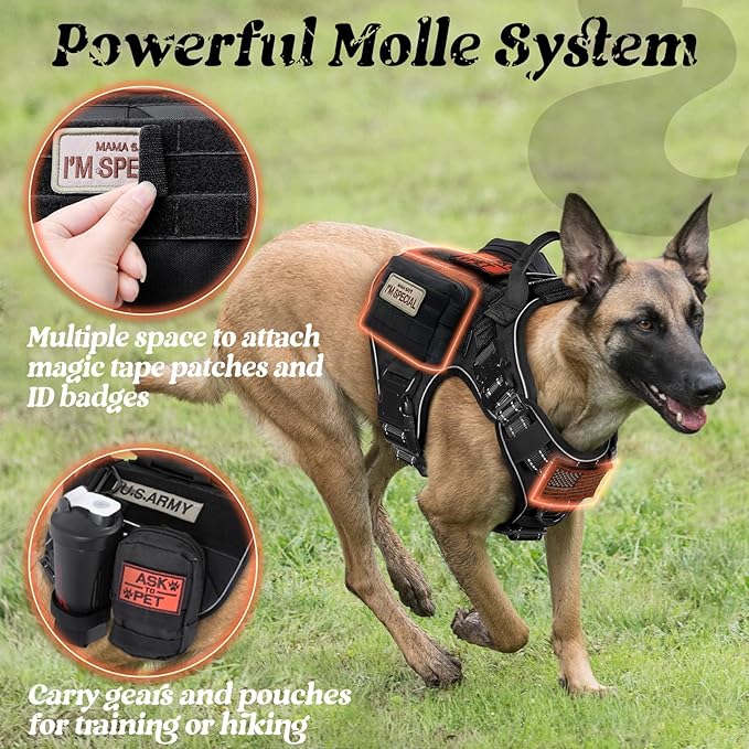 rabbitgoo Upgraded Tactical Dog Harness for Large Dogs, Reflective Heavy Duty Pet Harness with Handle, No-Pull Service Vest, Adjustable Military Vest for Training Hunting Walking, Black, XL