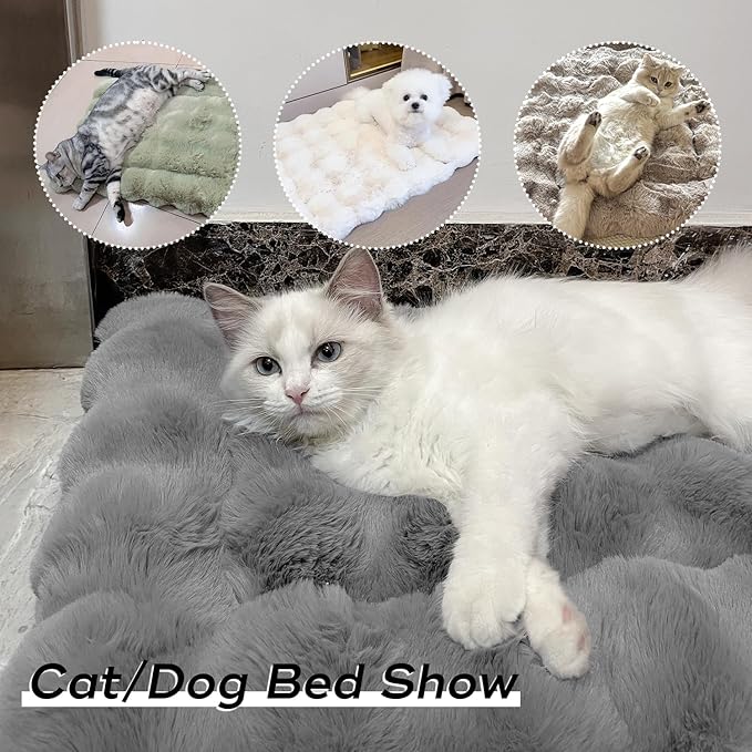 Cat Beds for Indoor Cats Faux Fur Pet Mat Cute Kitten Plush Bed with Non-Slip Bottom for Carriers/Sofa Dog & Puppy Friendly 27 x 20 Inch Green