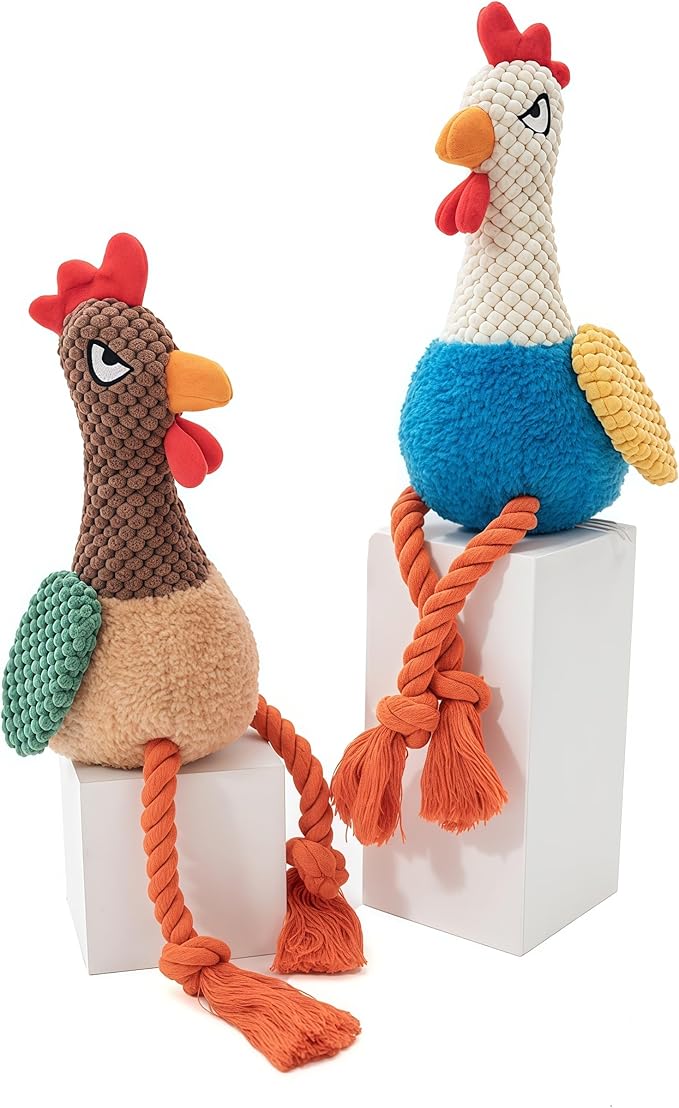Plush Rooster Dog Toy with Squeaker, Interactive Rope Legs, Colorful Textured Chew Toy for Small, Medium Dogs, Tug-of-War, Fetch