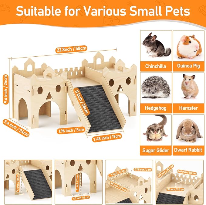 Guinea Pig Hideout House, Advanced Wooden Hamster House with Climbing Ladder & Multi-Holes, Bunny Castle Tower Toy for Guinea Pig Chinchilla Gerbil Hedgehog Small Animal House Habitat Hut ﻿