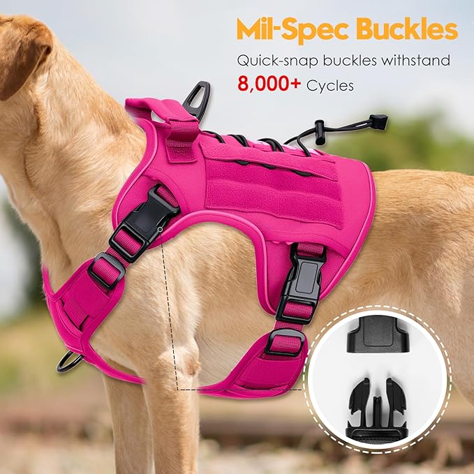 Heavy-Duty Tactical Dog Harness for Large Dogs, No Pull Adjustable Reflective Pet Vest with Molle System, K9 Military-Grade Control for Service Training, Outdoor & 10+ Breeds, Hot Pink, Large