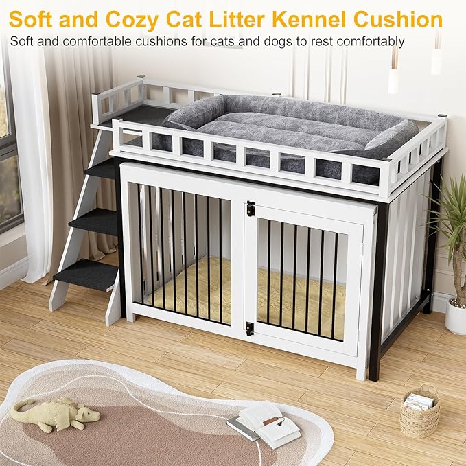 PakaLife Loft-Style Dog Crate Furniture with Double Doors, Heavy Duty Dog Kennel Indoor for Medium and Large Dogs, Wooden Pet House with Multi-Purpose Blanket and Fluffy Dog Bed