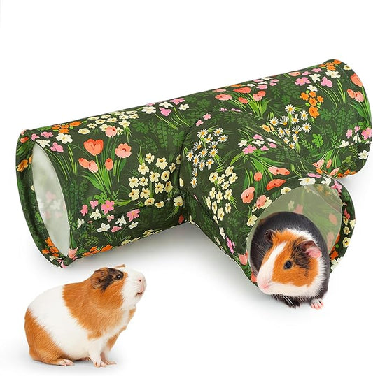Bienbee Guinea Pig Tunnel, 3 Way Washable Guinea Pig Hideout,Foldable Rabbit Tunnel Guinea Pigs Toys for Bunny Hamster Chinchilla Ferret Rabbit Guinea Pigs Accessories Green Flower