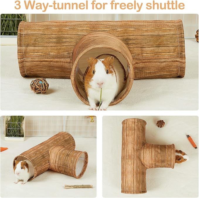 Bienbee Guinea Pig Tunnel, 3 Way Washable Guinea Pig Hideout,Foldable Rabbit Tunnel Guinea Pigs Toys for Bunny Hamster Chinchilla Ferret Rabbit Guinea Pigs Accessories Wood Grain