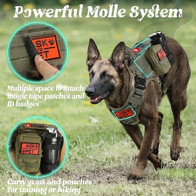 rabbitgoo Tactical Dog Harness for Large, Heavy Duty Pet Harness with Handle, No-Pull Service Vest Large Breed, Adjustable Military Dog Vest for Training Hunting Walking, Green Camo, L