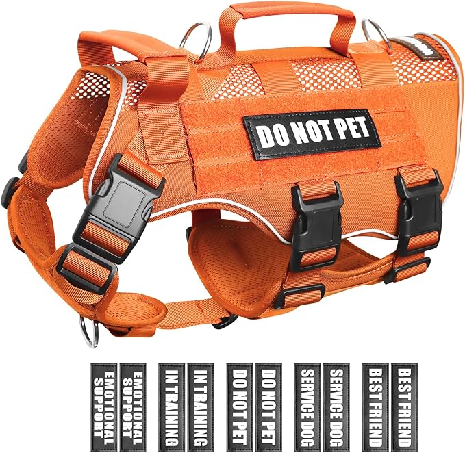 WINSEE Mesh Dog Harness with 10 Pet Patches for Large Service Dog in Training, Breathable Tactical Molle Vest with Double Handle, Reflective Military Pet Vest for Walking Hiking