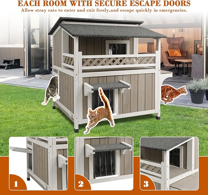 Outdoor Cat House Weatherproof Cats Shelter for Feral Kitten Pet Houses for 1-2 Small Animlas 2 Story Wooden Houses for Indoor Outdoor Cats with Escape Doors (29" L x 30" W x 31.5" H Grey)