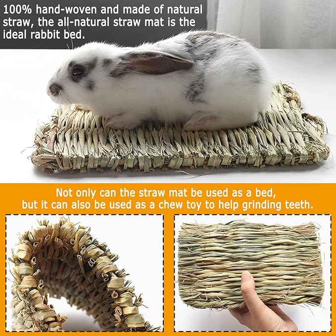 kathson 18PCS Bunny Chew Toys for Teeth,Rabbit Grass Mats,Natural Hay Woven Bunny Bed,Rabbit Wood&Bamboo Sticks and Timothy Grass,Small Animals Chew Treat Toy for Guinea Pig,Hamster,Chinchillas,Mouse