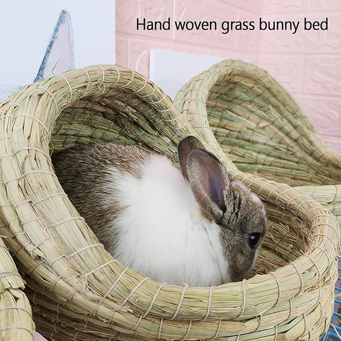 kathson Rabbit Grass House Bunny Woven Hay Bed Guinea Pig Hideout Hand Woven Natural Grass House for Hamster Bunny Guinea Pig and Small Animals with Hay Chew Balls Toys
