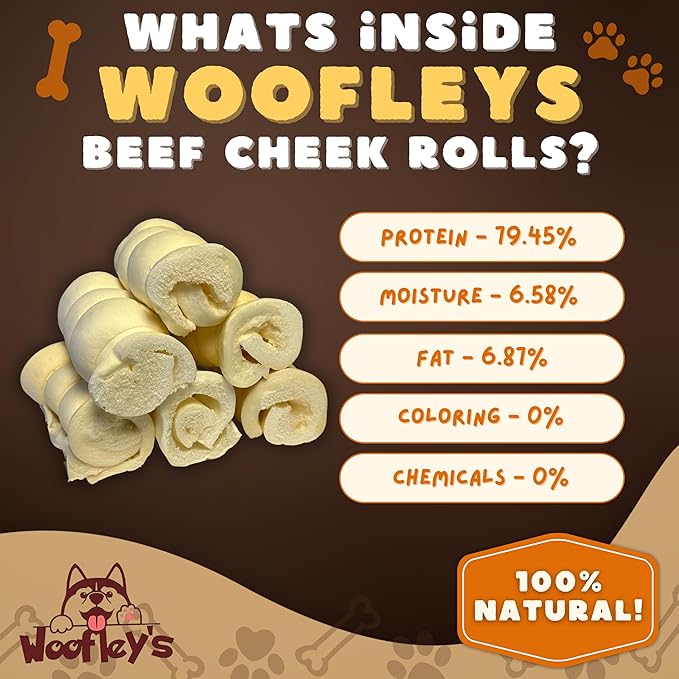 Woofley's 4" Buffalo Beef Cheek Roll -(50 Count)- Beef Cheek Rolls for Dogs - Long Lasting Natural Dog Chews