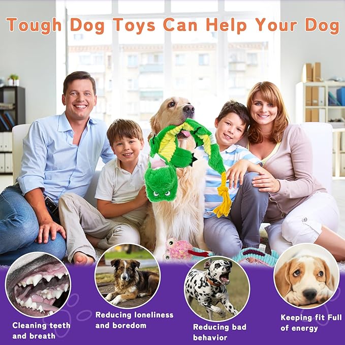 Crinkle Dog Toys Squeaky Plush No Stuffing Cute Puppy Stuffless Tough Rop Pull Toy, Fun Dog Stuffed Animals Durable Chew Set for Small Medium Large Pup (Large, Alligators+Snake)