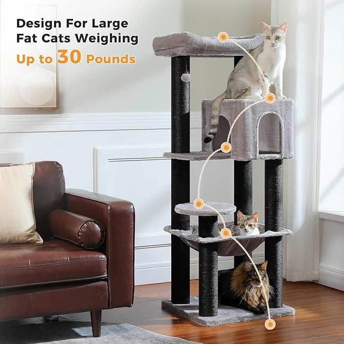 Large Cat Tree with Reinforced Scratching Posts (φ3.7in) for Big Adult Cats 30 lbs, 57.8" Heavy Duty Cat Tower with Larger Hammock and Condo, Cat Furniture for Maine Coon, Plush,Black