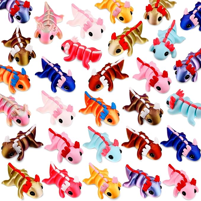 Honoson 24 Pcs 3D Printed Axolotl Fidget Toy 3D Printed Small Animal Toy Flexible Cute Articulating Pet Stress Relief Fidget Toys for Play and Display