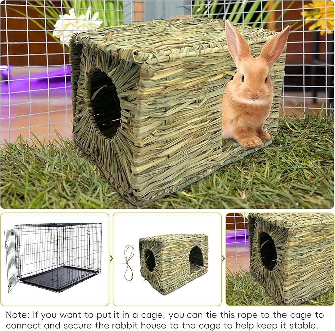 Hamiledyi 2 Pack Large Rabbit Grass House Hand Woven Natural Bunny Hut Foldable Play Bed Safe Cozy Hideaway Hay Mat Chew Toys for Hamster Guinea Pig Chinchilla Gerbil Ferret