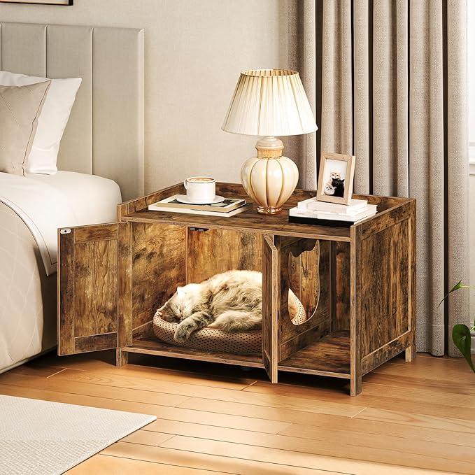 Cat Litter Box Enclosure, Hidden Litter Box Furniture with Divider, Indoor Cats House, Wooden Cat Washroom Storage Cabinet Bench, Side End Table Nightstand, Rustic Brown CWHR2501Z