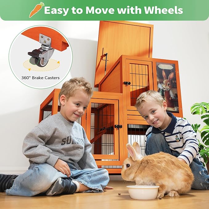 COZIWOW Rabbit Cage Indoor with Wire Bottom, 2-Level Large Wooden Bunny Hutch on Wheels Outdoor for Multiple Small Animals, Orange + Colorful Patterns