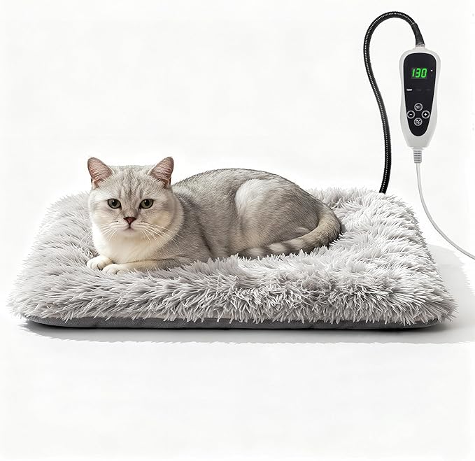 Cat Heating Pad, 17 x 13 in Cat Beds for Indoor Cats,Smart Temperature Switch Metal Protective Tube + Plush Fabric Cover Puppy Whelping Supplies- Grey
