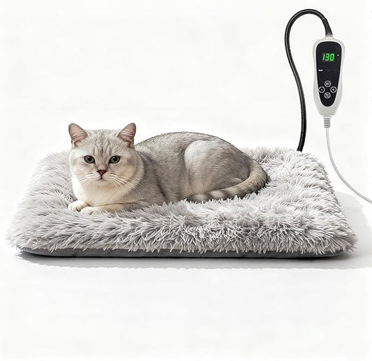 Cat Heating Pad, 17 x 13 in Cat Beds for Indoor Cats,Smart Temperature Switch Metal Protective Tube + Plush Fabric Cover Puppy Whelping Supplies- Grey