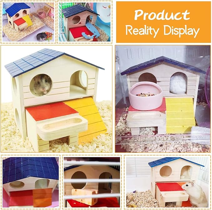 Hamiledyi Pet Small Animal Hideout Hamster House Deluxe Two Layers Wooden Hut Play Toys Chews
