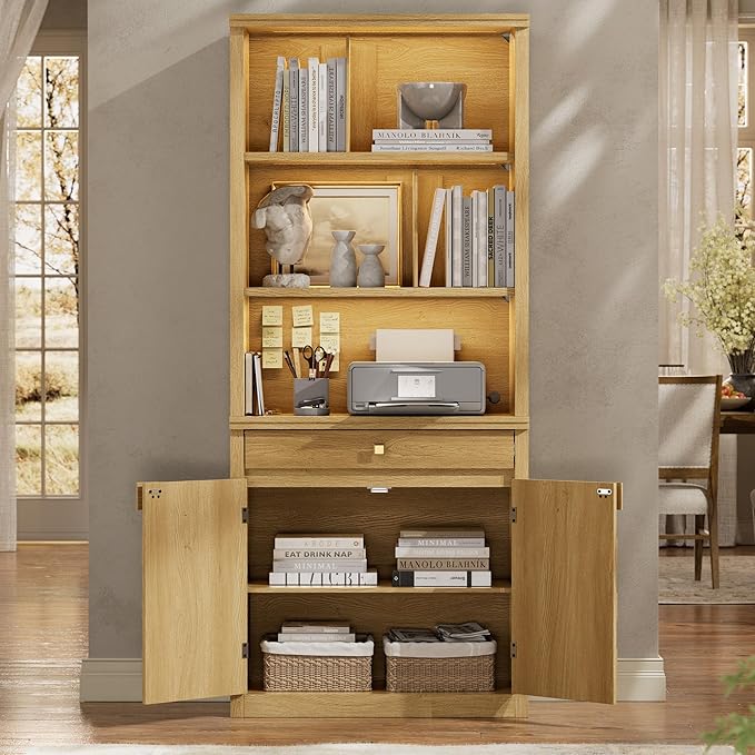Fluted Bookcase with LED Light, 72.2" Tall Freestanding Bookshelf with Drawer and Doors, Modern Storage Book Case with 3-Tier Open Shelves for Home Office, Living Room, Bedroom (1, Original Oak)